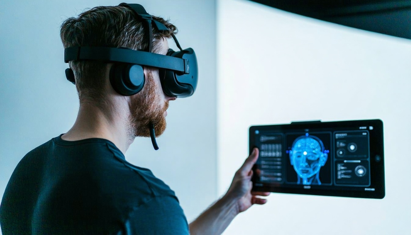 User interacting with a device using Arivra headset